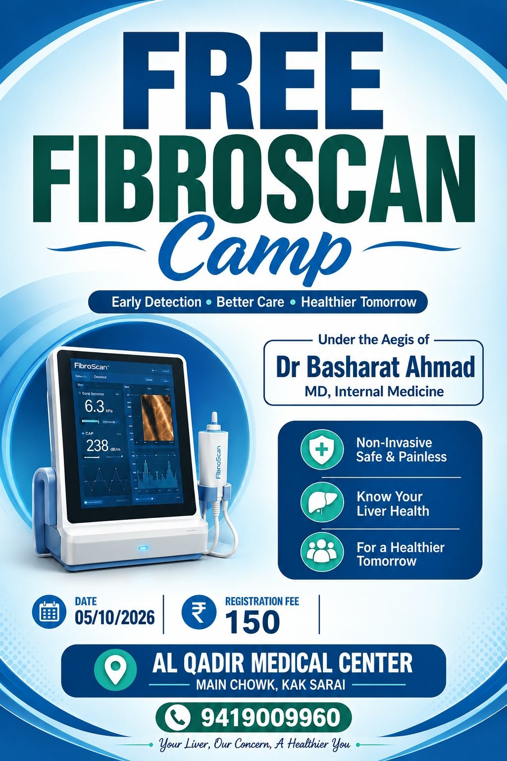 FibroScan Camp poster showing date, registration fee and venue